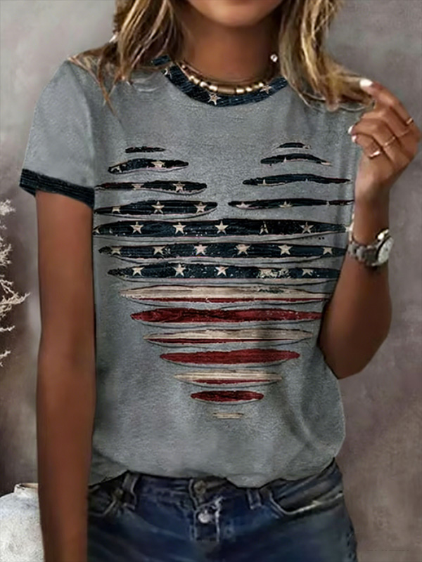Women's Vintage Distressed US Flag Art Print Casual T-Shirt