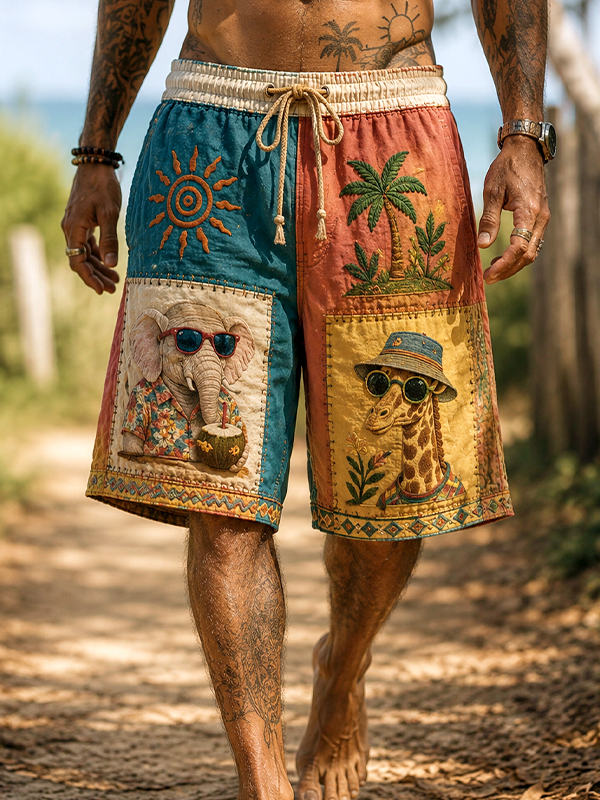 Men's Elephant Giraffe Vacation Style Colorblock Print Casual Shorts
