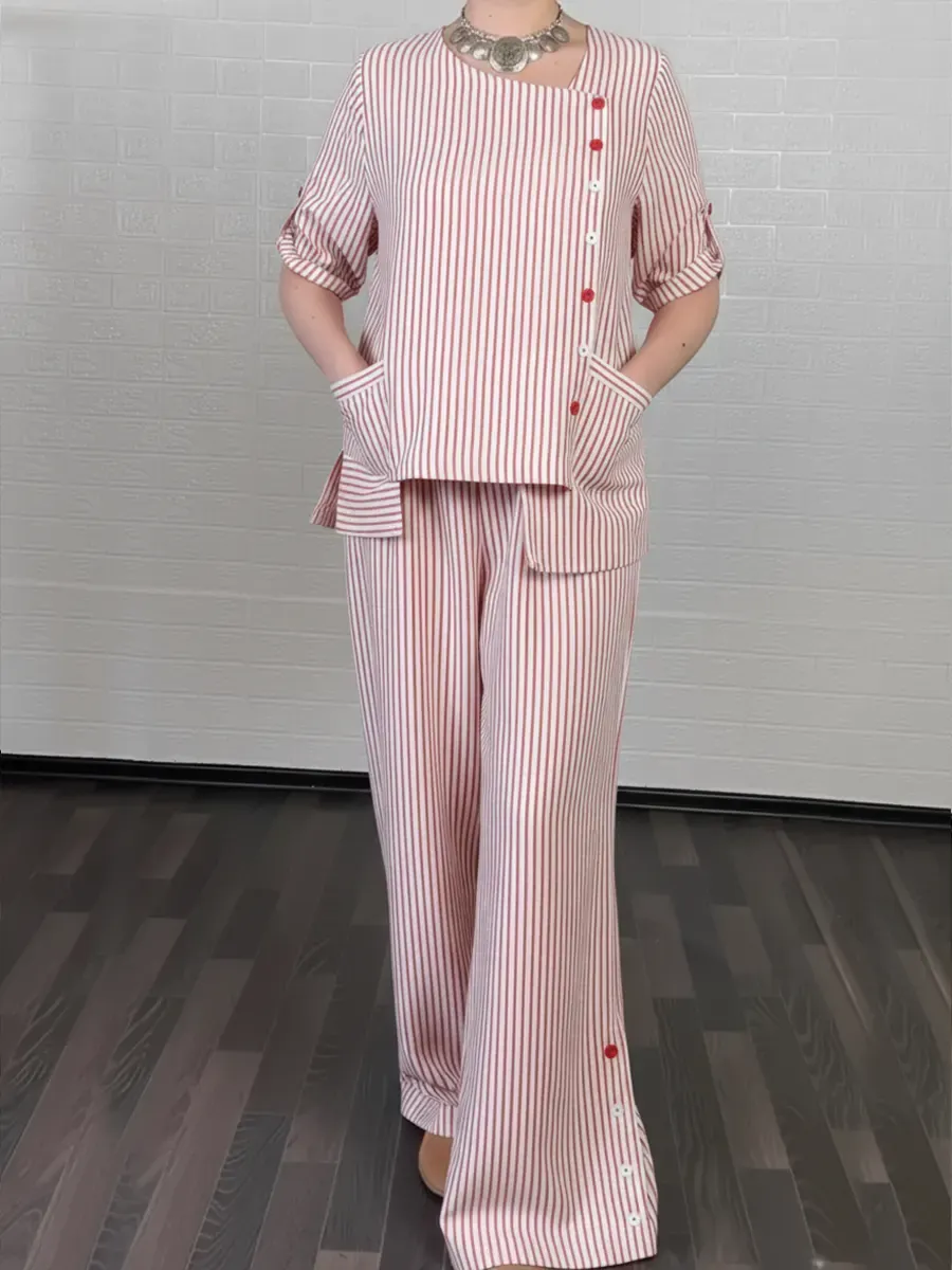 Women's Cozy Striped Linen And Cotton Top And Pants Two-piece Set.