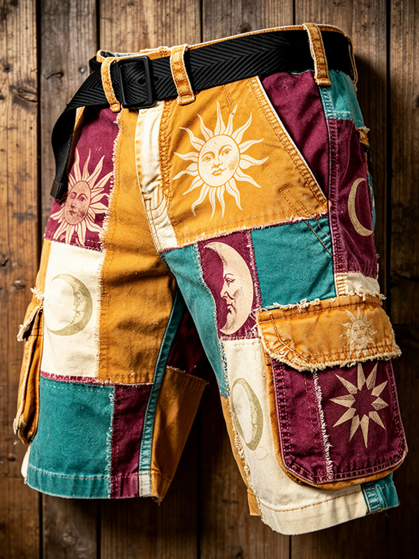 Men's Mysterious Sun And Moon Color Block Art Print Denim-Like Casual Shorts