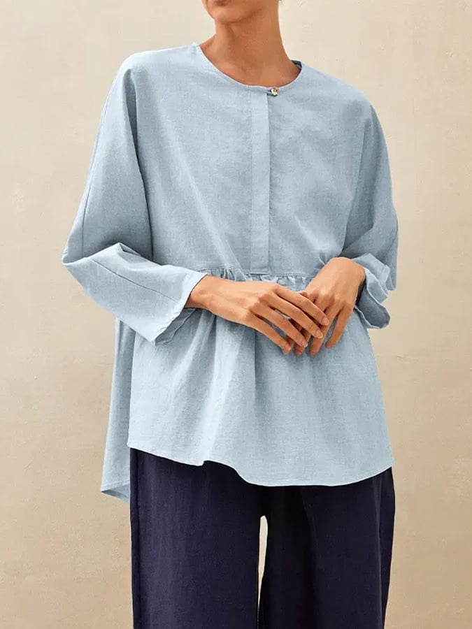 Women's Linen Crew Neck Casual Long Sleeve Top