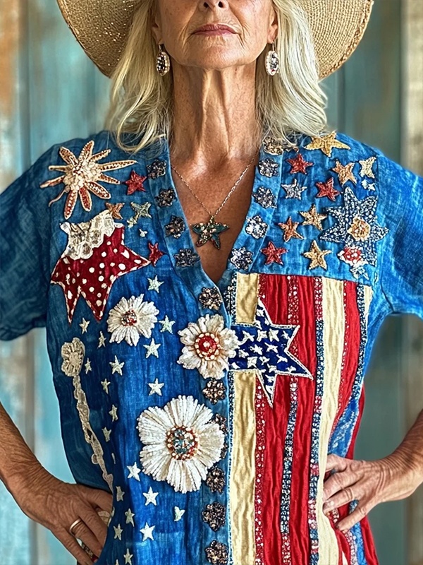 Women's American Flag Stars Flowers Vacation Style Print V Neck T-Shirt