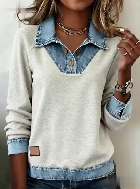 Women'S Casual Contrast Color Denim Patchwork Sweatshirt