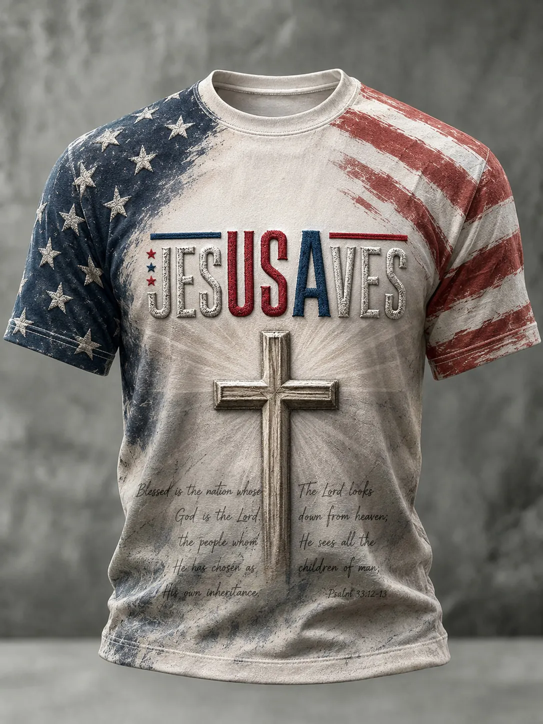 Men's Vintage Distressed American Flag Jesus Saves Cross Print Casual T-Shirt