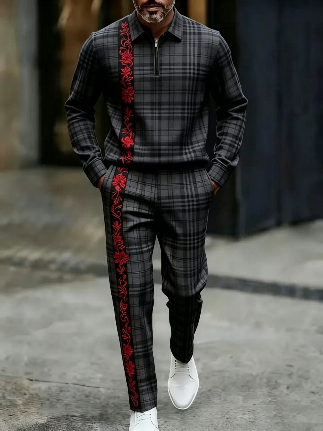 Men's Retro Checkered Patchwork Floral Motifs Print Sweatshirt Pants Set
