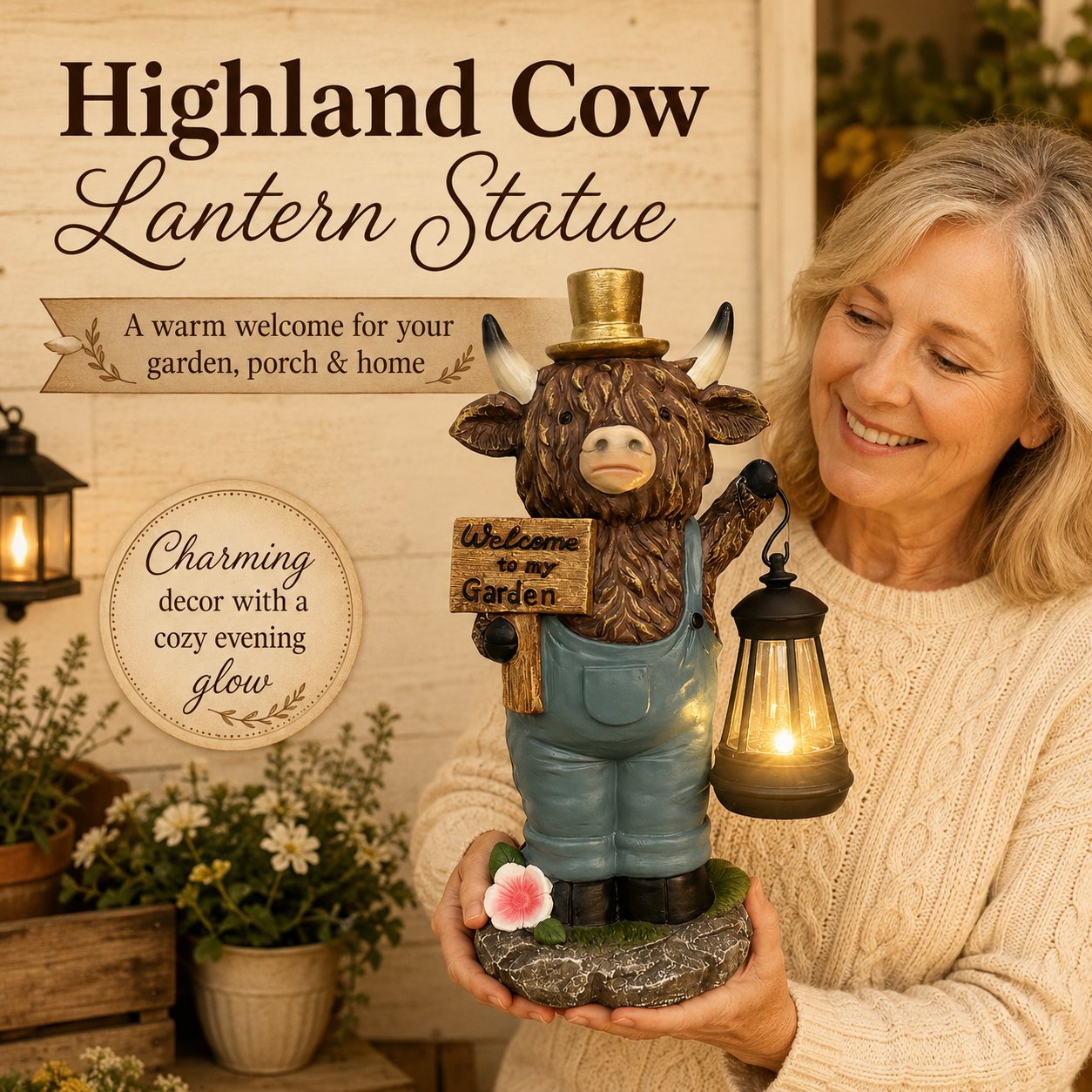 🔥HOT SALE 49% OFF🐮Handcrafted Highland Cow Solar Garden Lantern Statue – Cozy Farmhouse Outdoor Decor