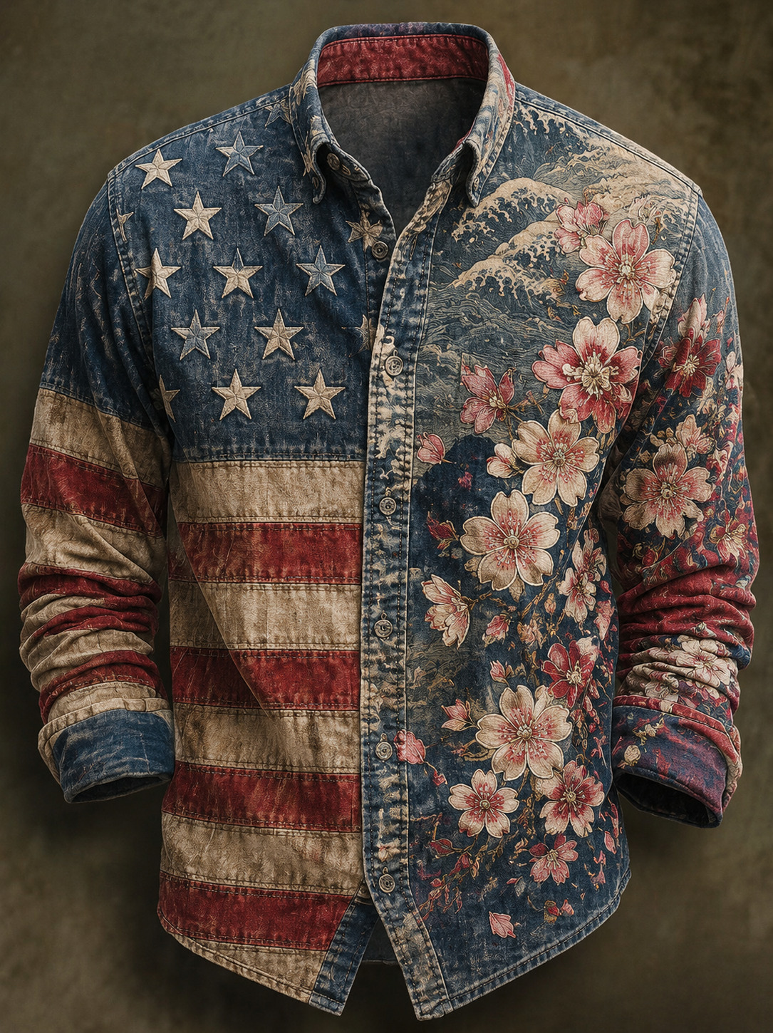 Men's Vintage American Flag Cherry Blossom Wave Art Print Long Sleeve Shirt