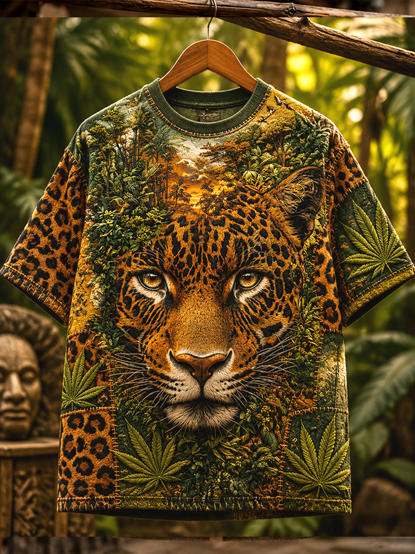 Men's Retro Leopard Marijuana Leaf Hippie Art Patchwork Print Casual T-Shirt
