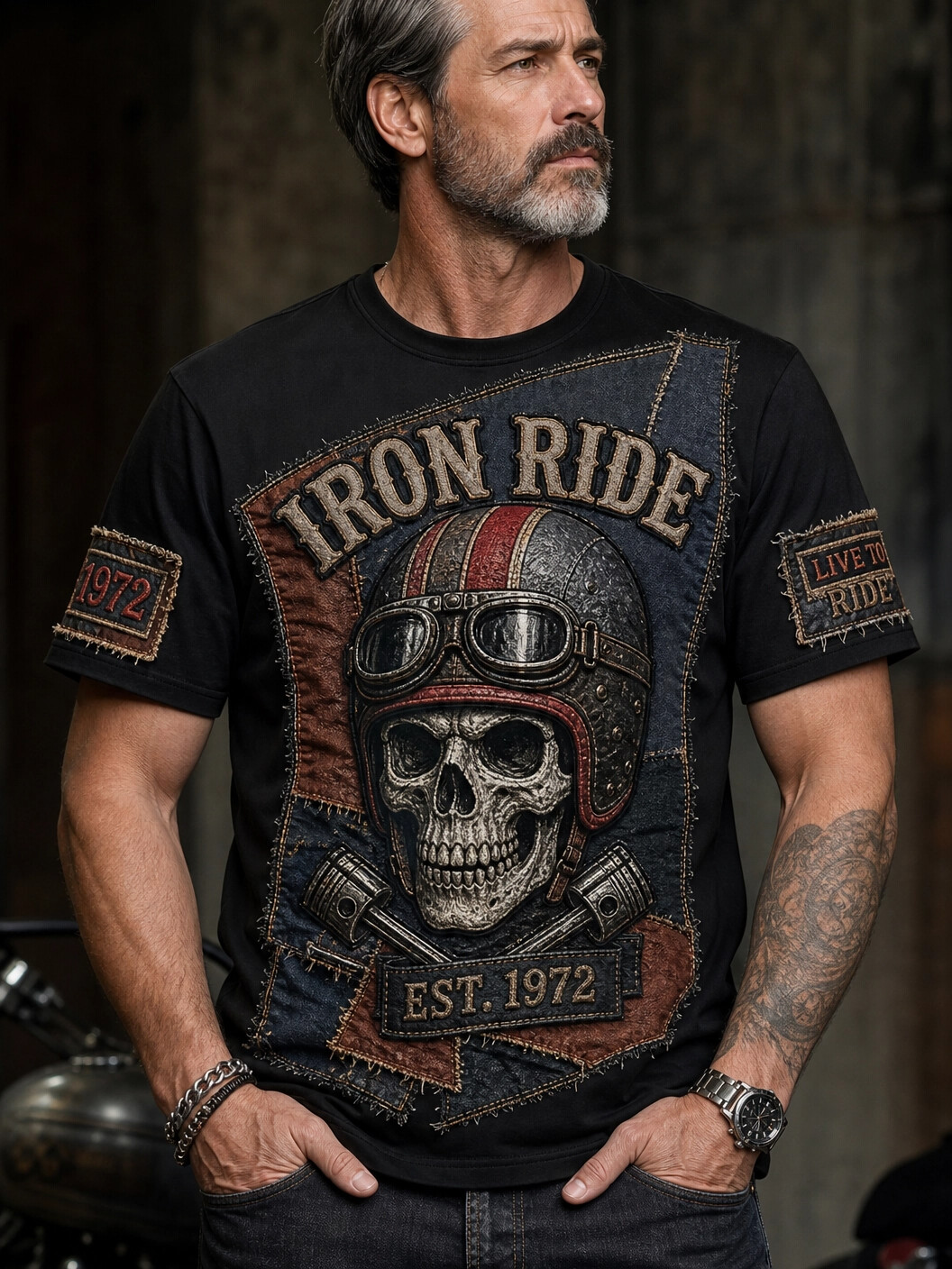 Men's Retro Skull Iron Ride Print Casual T-Shirt