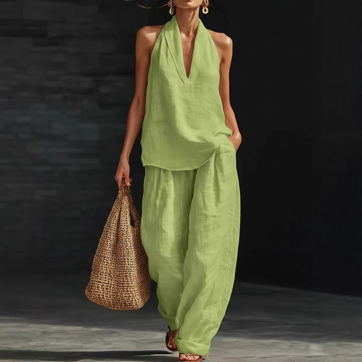 Women's Casual Halter Top & Wide-Leg Pants Set– Halter Top & Wide Leg Pants for Beach & Brunch