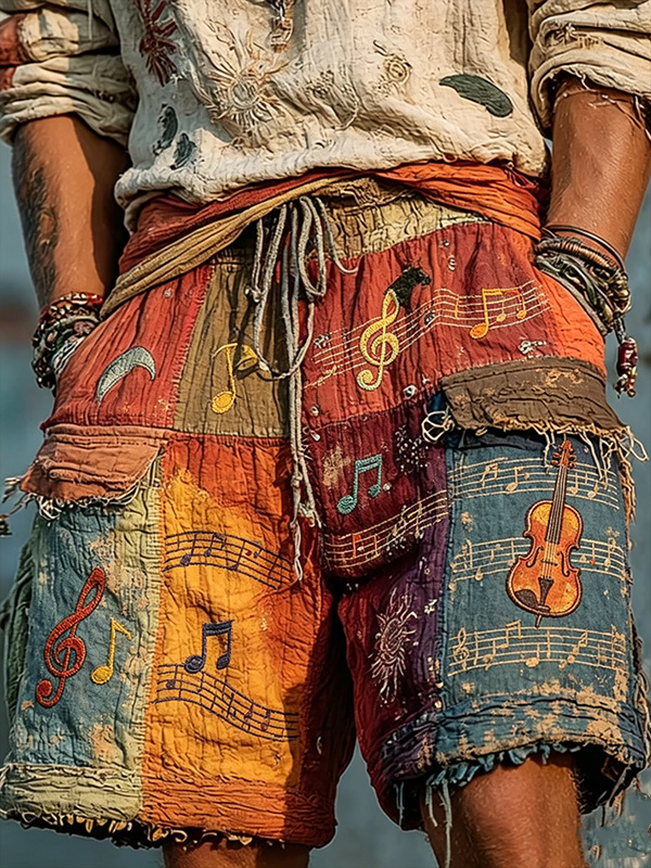 Men's Colorblock Musical Notes Violin Print Denim-Like Cargo Shorts