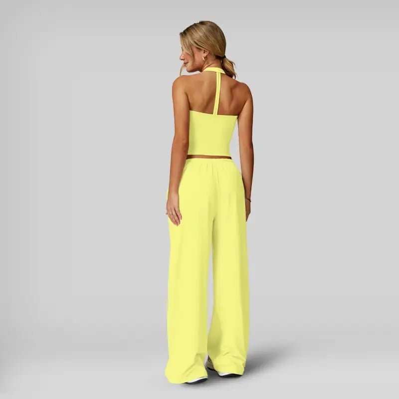 💖Hot 50% OFF✨ Women’s 2-Piece Silk-Like Lounge Set – V-Neck Strappy Top & Wide Leg Pants