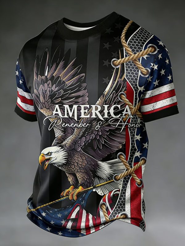 Men's America Remember And Honor Bald Eagle Print Casual T-Shirt