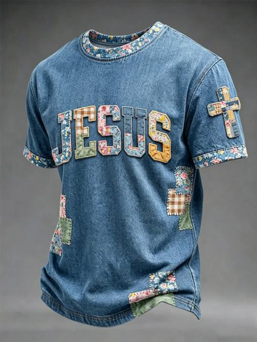 Men's Jesus Patchwork Floral Cross Print Cotton Casual T-Shirt