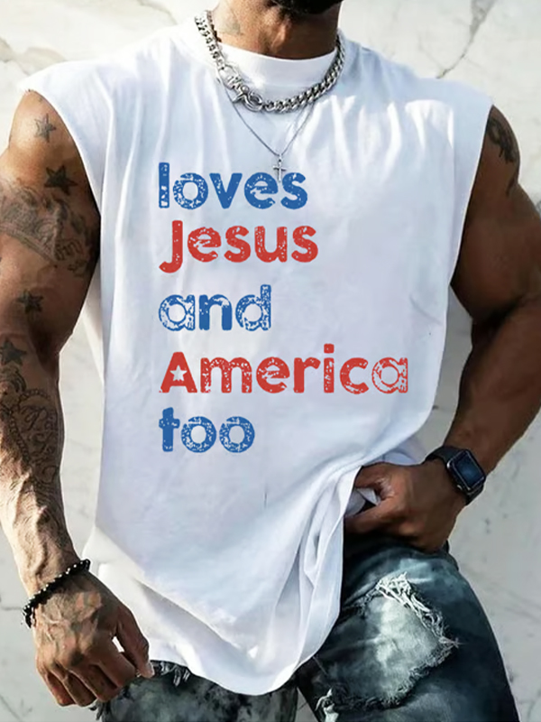 Men's Loves Jesus And America Too Letter Print Tank Top