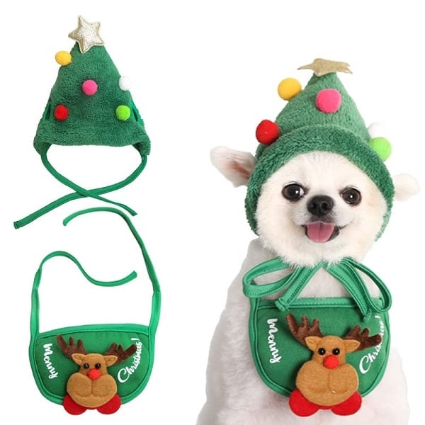 Dog and Cat Christmas Matching Costumes-Tree Pompon Hat & Reindeer Bib Set