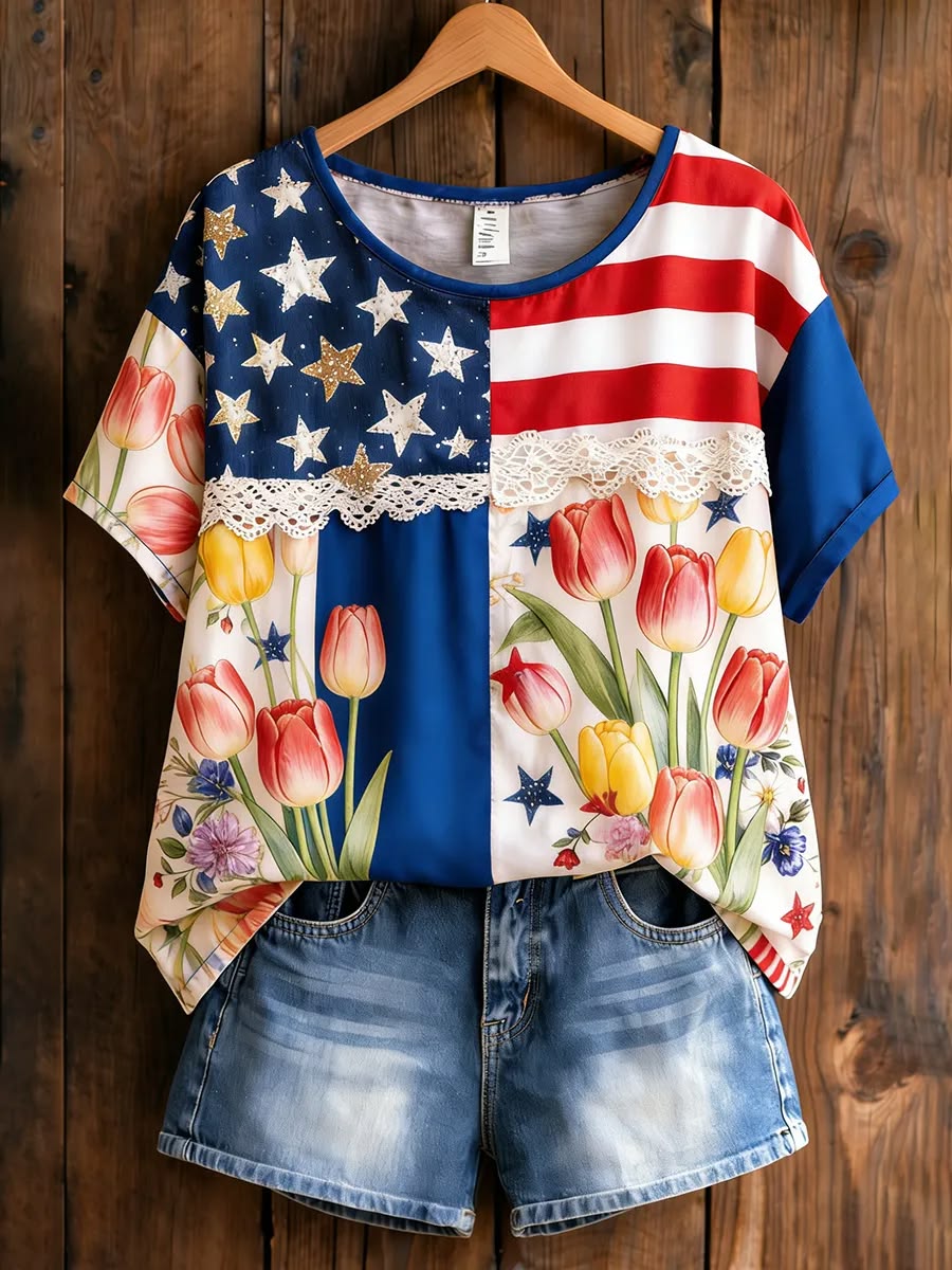 Women's Tulip USA Flag Lace Patchwork Art Print Casual T-Shirt
