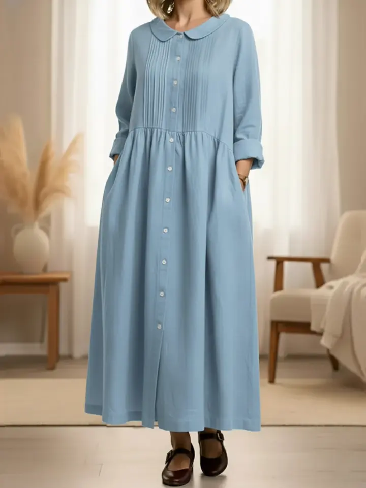 Women's Peter Pan Collar Long-sleeved Cotton And Linen Dress
