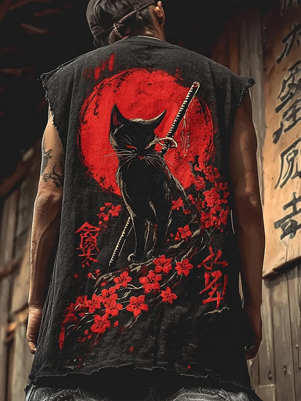 Men's Red Sun Flowers Warrior Cat And Sword Violent Aesthetics Art Print Tank Top