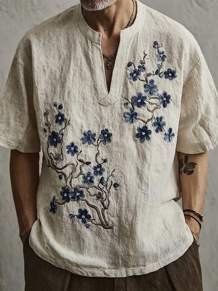 Men's Retro Flower Graphic Print Casual Notch Neck T-Shirt