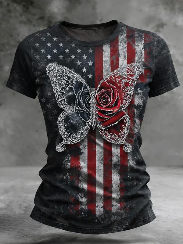 Women's American Flag Rhinestone Butterfly And Rose Art Print Casual T-Shirt