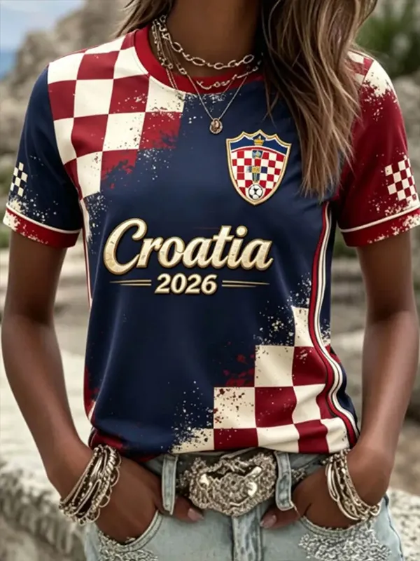 Women's Croatia 2026 Checkered Crest Soccer Art Print Casual T-Shirt