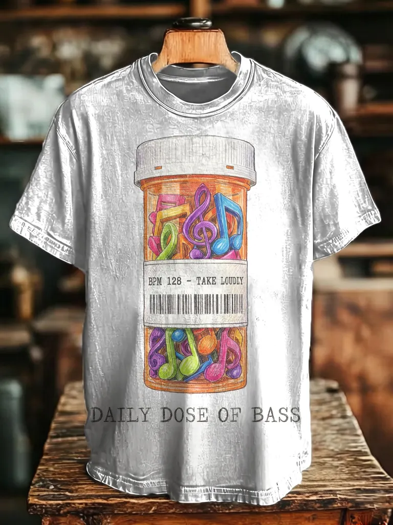 Men's Daily Dose Of Bass Music Note Pill Bottle Funny Print Cotton Casual T-Shirt