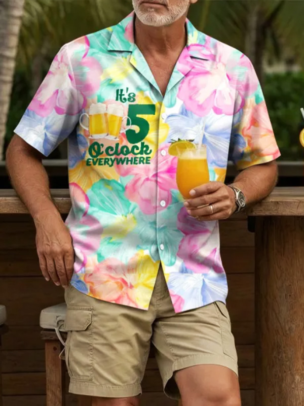 Men's Hawaiian Floral It's 5 O'Clock Everywhere Beer Art Print Shirt
