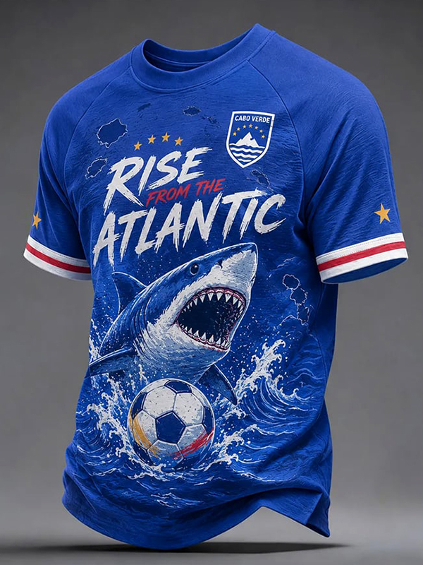 Men's Blue Shark Rise From The Atlantic Cabo Verde Football Art Print T-Shirt