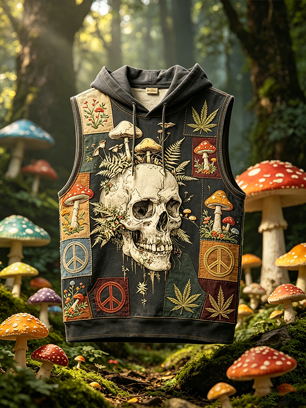 Men's Hippie Mushroom Peace Sign Skull Patchwork Art Print Hooded Tank Top