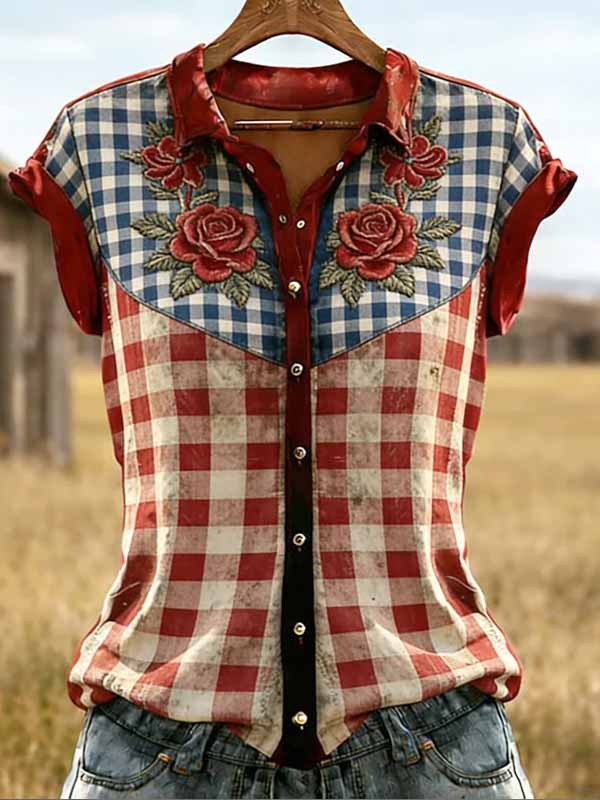 Women's Rose Plaid Printed Casual Short Sleeve Shirt