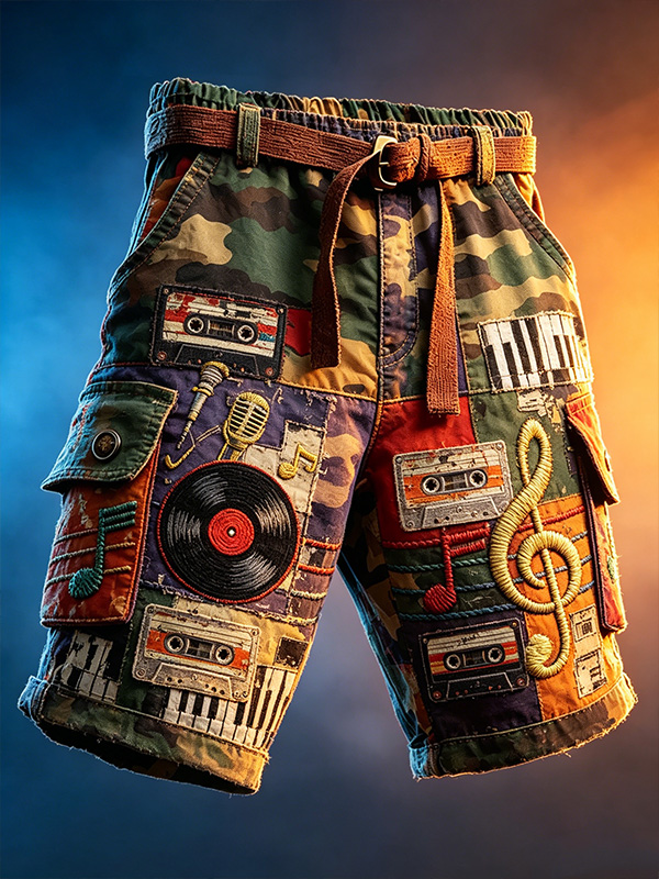 Men'S Retro Camouflage Music Art Print Denim-Like Casual Shorts