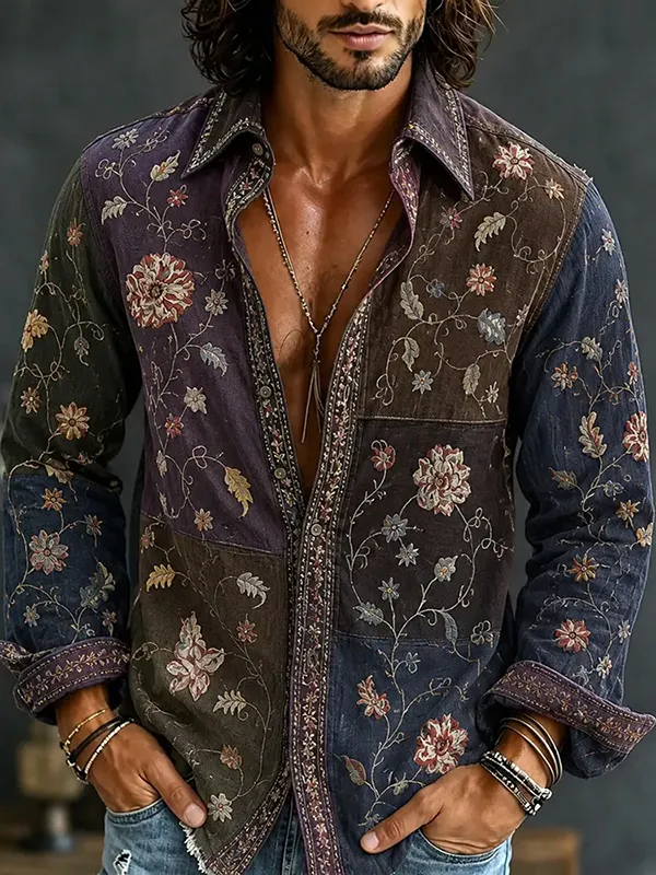 Men's Vintage Boho Floral And Vines Print Long Sleeve Shirt
