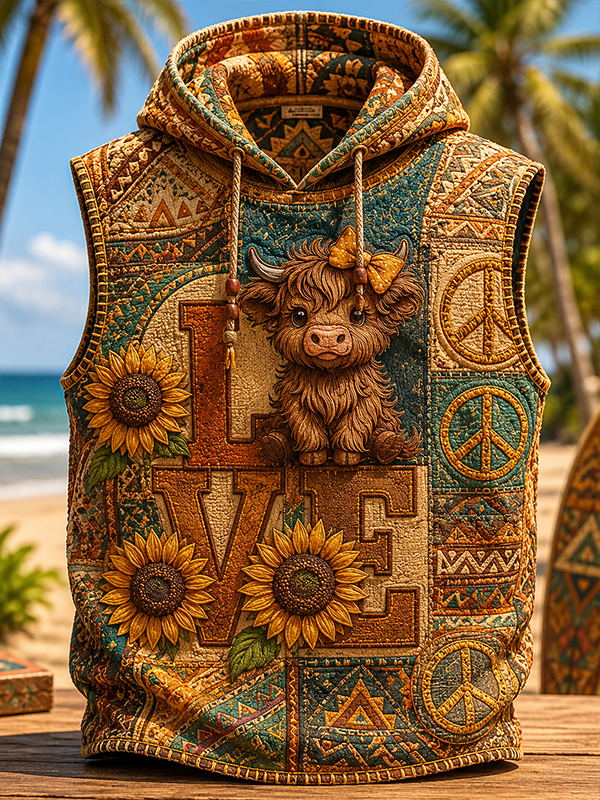 Men's Highland Cattle Sunflower Hippie Art All Over Print Hooded Tank Top