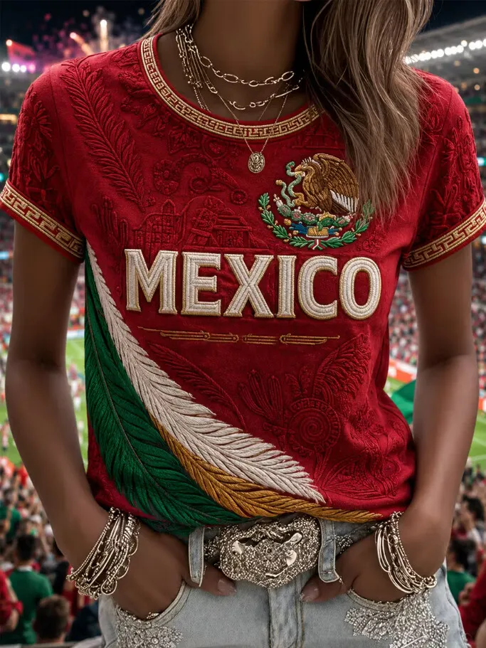 Women's Mexico National Eagle Coat Of Arms Embossed Tricolor Feather Print Casual T-Shirt