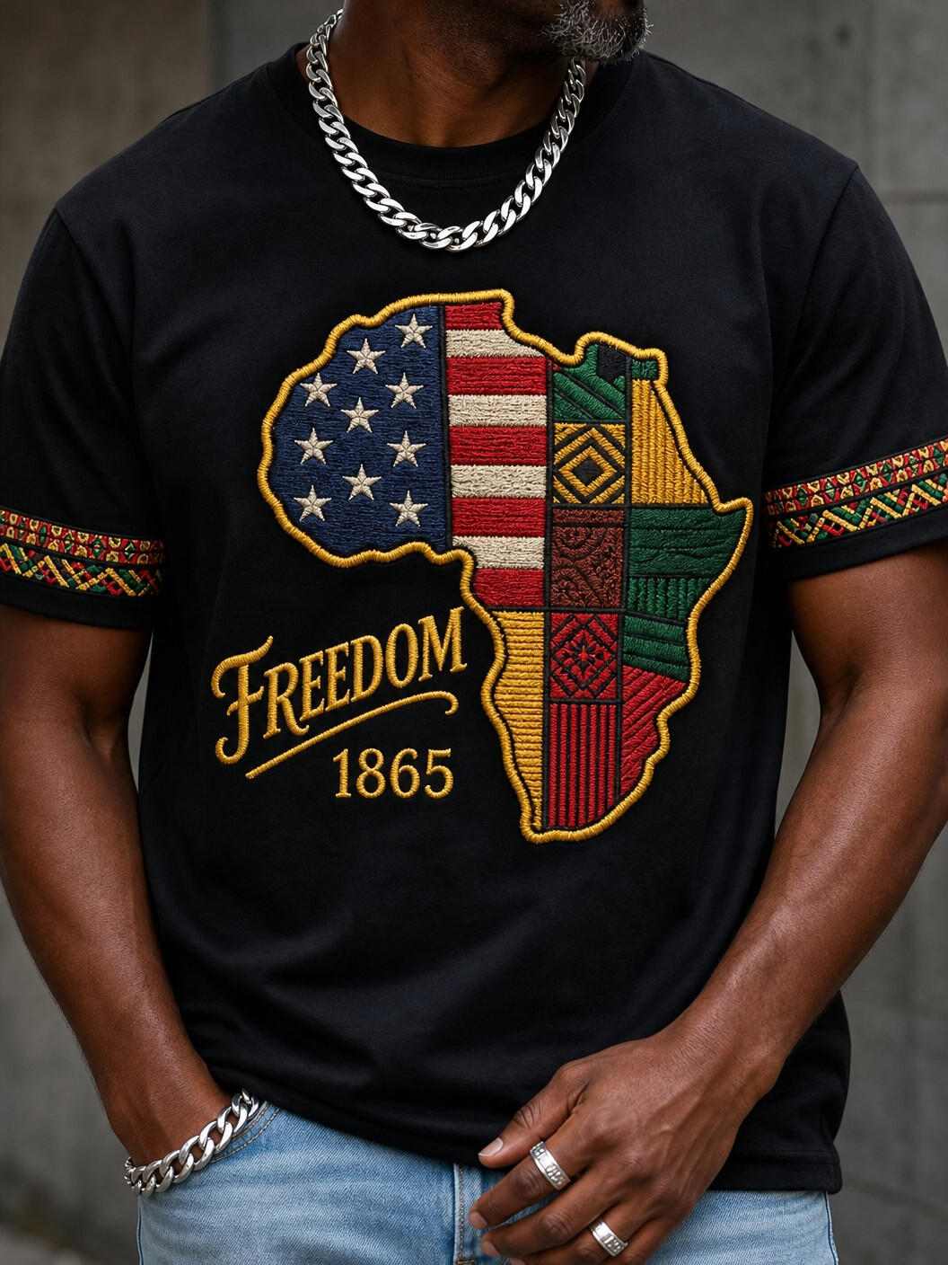 Men's Freedom 1865 African American Flag Map Print T-Shirt