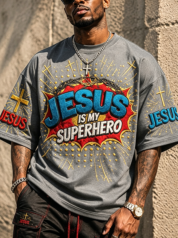 Men's Jesus is My Superhero Cross Graphic Print Cotton Casual T-Shirt