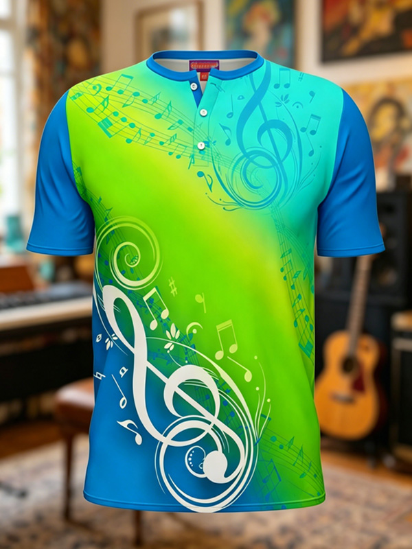 Men's Music Note Gradient Color Print Half Button Henley T-Shirt