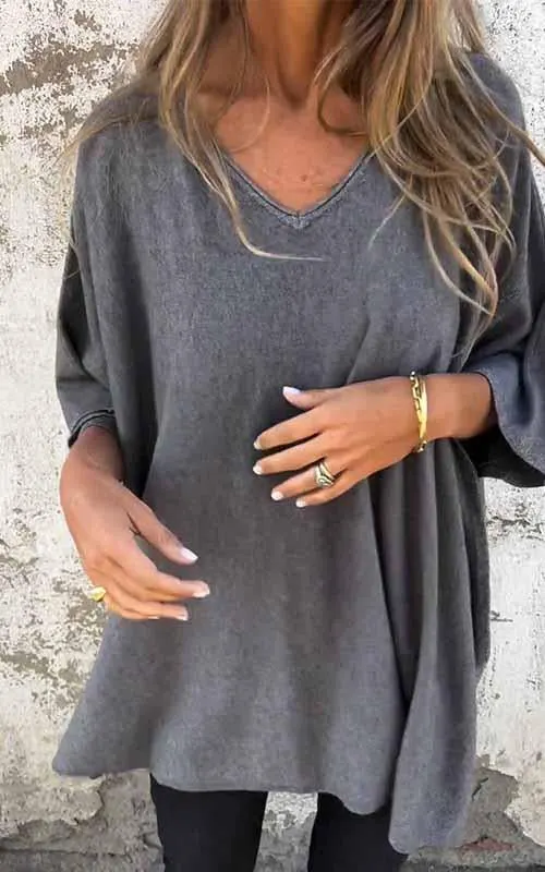 Women's V-neck Solid Color Medium Sleeved Top