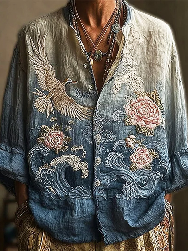 Men's Retro Floral Great Wave Crane Print Long Sleeve Shirt