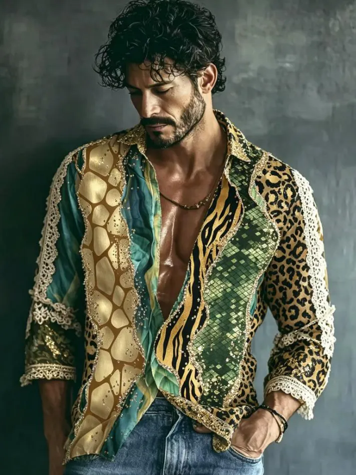 Men's Leopard Snake Animal Geometric Patchwork Art Print Long Sleeve Shirt