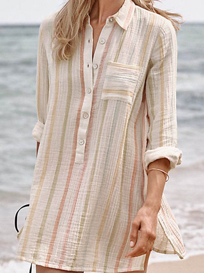 Women's Casual Lapel Striped Print Button Dress
