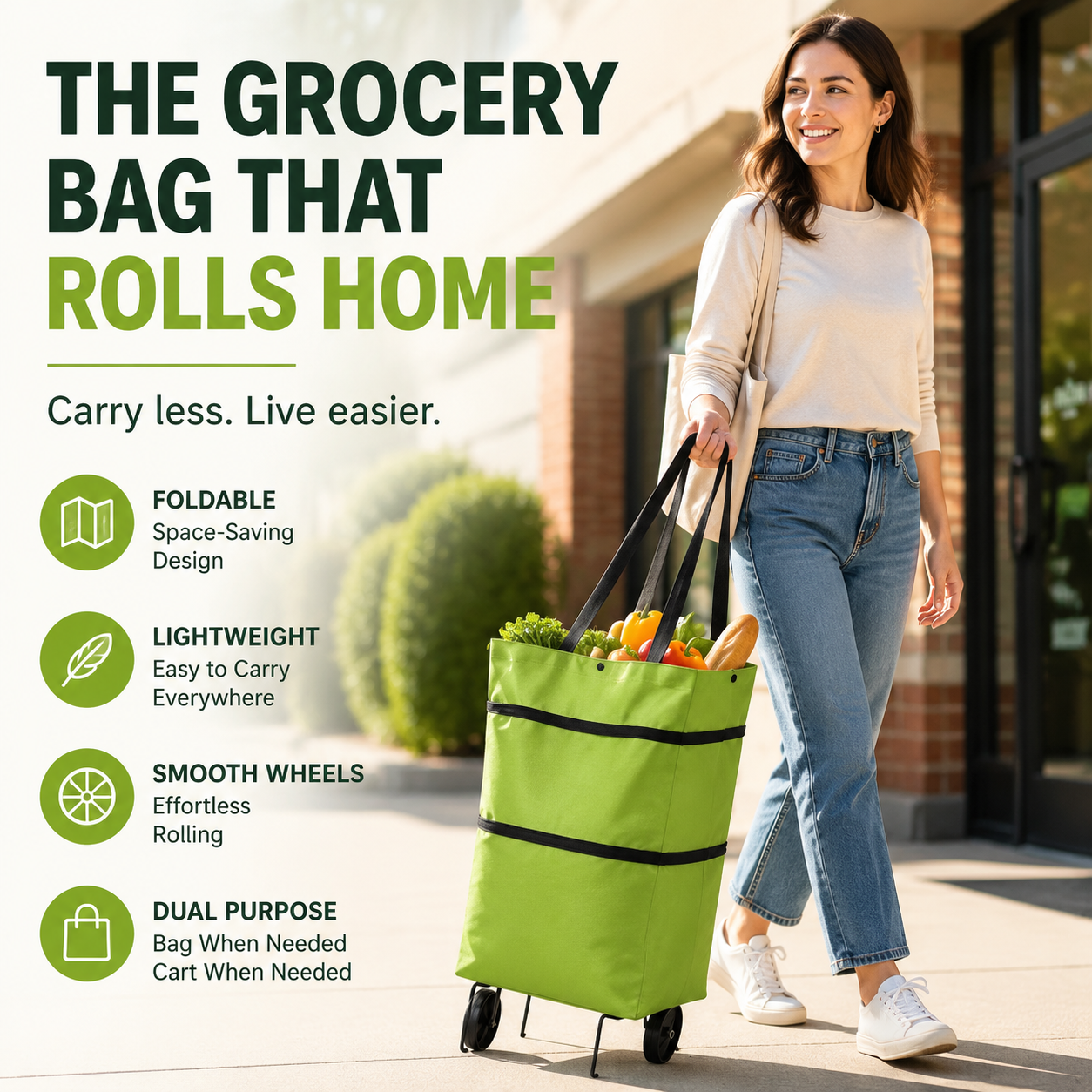 Foldable shopping cart bag rolling groceries home