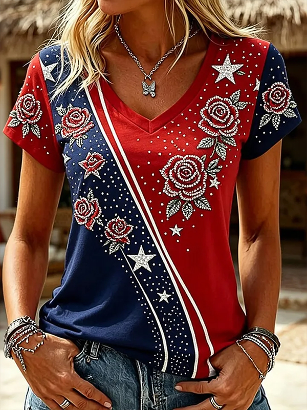 Women's American Flag Rose Rhinestone Colorblock Print Casual V Neck T-Shirt