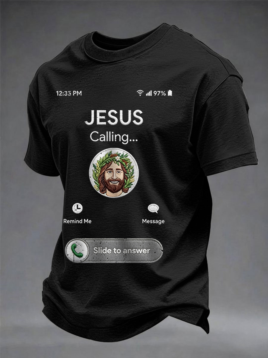 Men's Jesus Calling Funny Phone Screen Print Cotton Casual T-Shirt