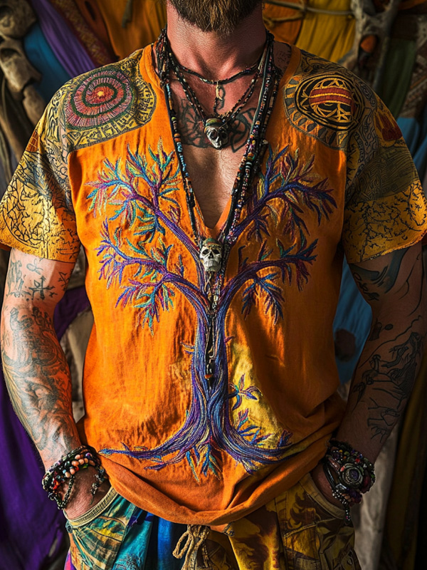 Men's Tree Of Life Vintage Hippie Ethnic Art Print V Neck T-Shirt