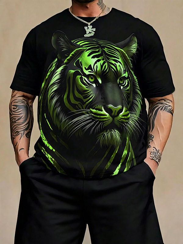 Men's Green Tiger Art Print Casual T-Shirt