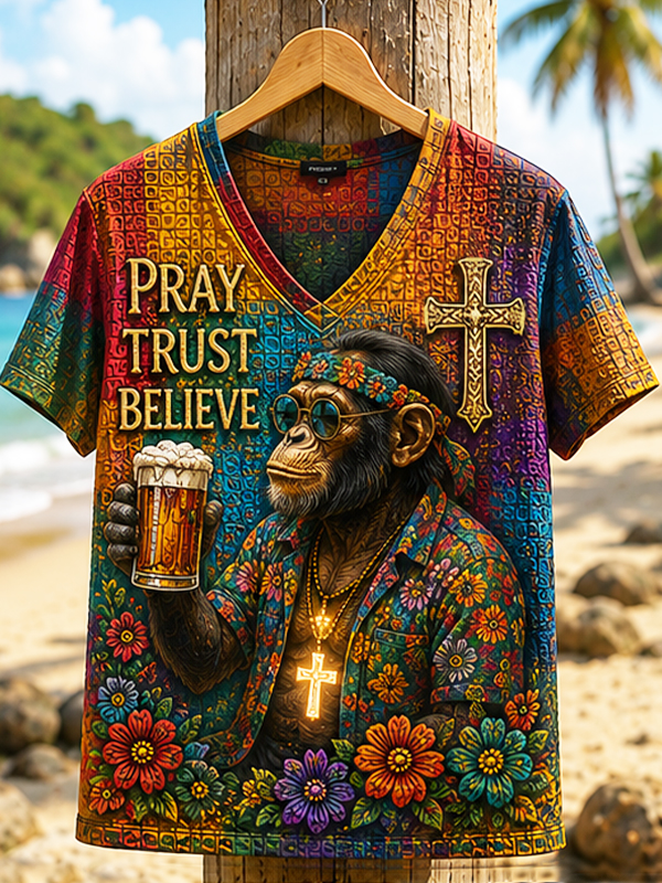 Men's Pray Trust Believe Cross Monkeys Drinking Beer Print Vacation Style Casual V Neck T-Shirt