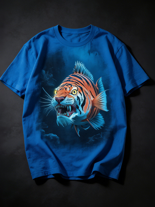 Men's Funny Tiger Fish Hybrid Art Print Drop Shoulder Casual T-Shirt