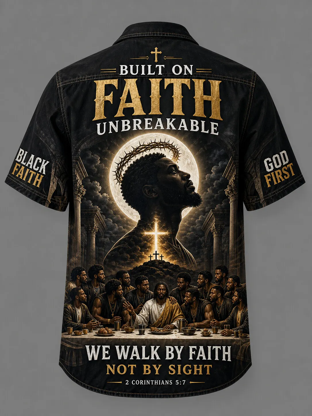 Men's Retro On Faith Unbreakable Black Jesus Last Supper Print Short Sleeve Shirt